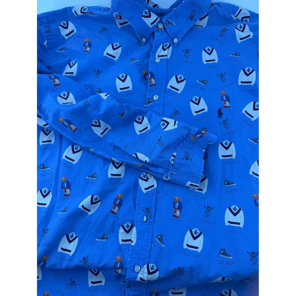 Ralph Lauren Polo Bear Cricket Sweater Print Blue Button Down Shirt Mens 3XB
